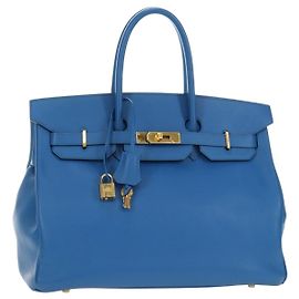 Hermès Sac à main HERMES Birkin 35 en cuir bleu or authentique 188015SM Bleu Doré
