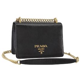 Borsa a Spalla con Catena PRADA in Pelle Saffiano Nera e Oro Auth 189622A Nero D'oro