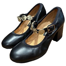 Chanel Black Leather Mary Jane Heels with Gold Embellishments Black