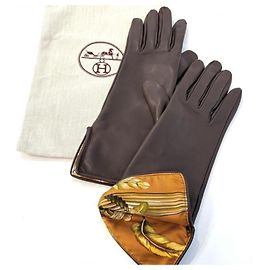 Hermès Guanti corti in seta e pelle marrone Hermes Marrone