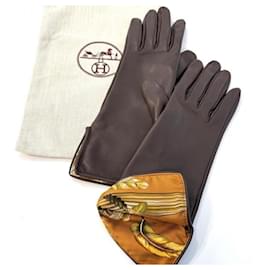 Hermès Luvas curtas de seda e couro marrom Hermes Marrom