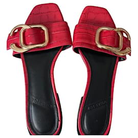 Autre Marque WHAT FOR Red Croc-Effect Leather Flat Sandals Red