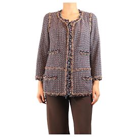 Chanel Navy and red tweed chain-trim jacket - size UK 10 Navy blue