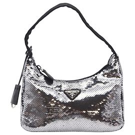 Borsa Hobo Prada Nylon Re-Edition Sequin Nero Argento