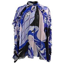 Emilio Pucci Abstract-Print Ruffled Blouse in Multicolor Silk Blue Light blue