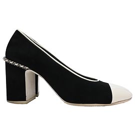Chanel Chain Accent Cap-Toe Pumps in Black Suede Black