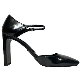 Prada Square Toe Ankle Strap Block Heels in Black Leather Black