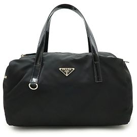 Prada Triangle Logo Nylon Patent Leather Handbag Black