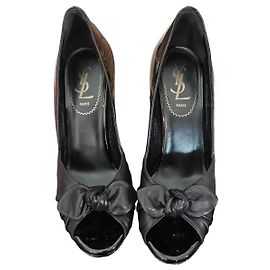 Yves Saint Laurent Black Patent Leather Bow Peep-Toe Platform Heels Black