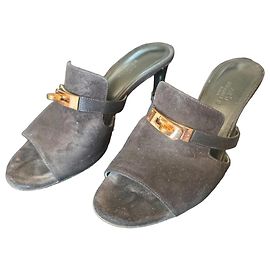 Hermès Kelly Suede Heeled Mules Black Black