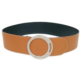 Hermès Cinto de couro com fivela redonda Hermes Marrom Prata