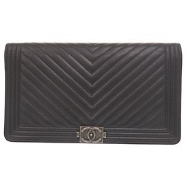 Chanel Boy Coco Mark Lambskin Long Wallet Black