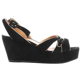 Hermès Sandales HERMES à semelle compensée en cuir et daim noir, Taille 37 EU Noir