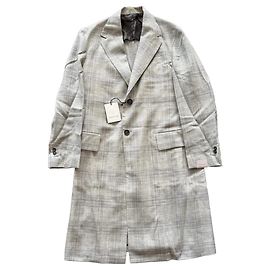 Corneliani Single-Breasted Check Wool Coat in Gray, Size 52 IT Brown