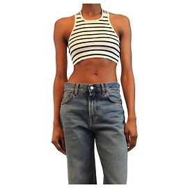 Céline Crop top en maille côtelée athlétique à rayures crème et bleu marine - taille S Écru