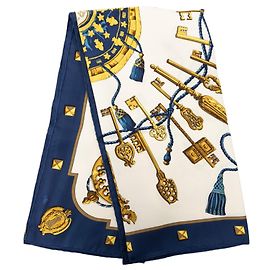 Lenço de seda Hermès White Les Cles 90 Outro Azul marinho