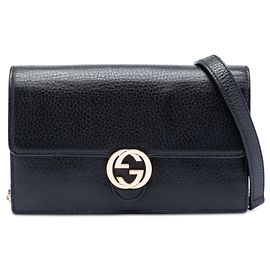 Gucci Black Dollar Calfskin Interlocking G Wallet on Chain Black