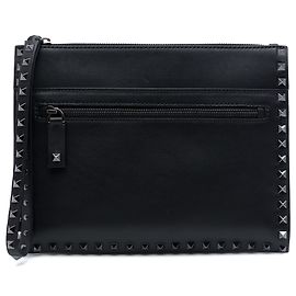 Valentino Black Leather Rockstud Untitled Wristlet Clutch Black