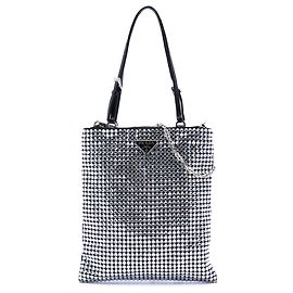 Prada Black Satin Crystal Embellished Chain Flat Tote Black
