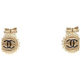 Chanel Gold Round Coco Mark Ribbon Ohrringe Schwarz Golden