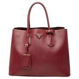 Prada Triangle Logo Plate Saffiano Double Medium Tote Bag Red Dark red