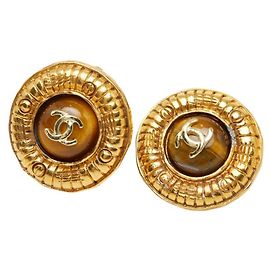 Orecchini tondi vintage Chanel Coco Mark Marrone D'oro