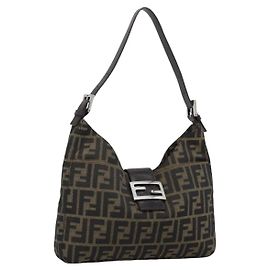 FENDI Zucca Canvas Mamma Baguette Shoulder Bag Black Brown Auth 189740V Marron Noir