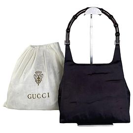 Borsa a tracolla vintage Gucci in raso con manico in bambù nero e oro Nero