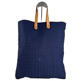 Hermès Tote de algodão vintage Hermes azul marinho com alças de couro tan Azul marinho