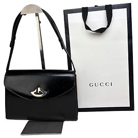 Vintage Gucci Leather Shoulder Bag Black Silver Clasp Black
