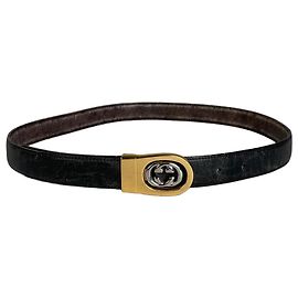 Vintage Gucci Interlocking G Leather Belt Black Gold Black