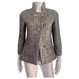 Chanel Double-Breasted Tweed Jacket Black White Grey
