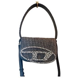Diesel 1DR Bolsa de Ombro em Denim Monogram com Strass Cinza Metálico