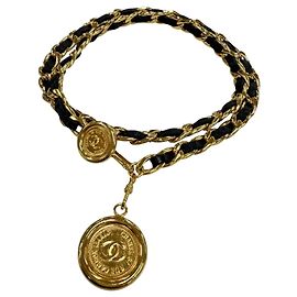 Chanel Vintage Coco Mark Cambon Medal Leather Chain Belt Black