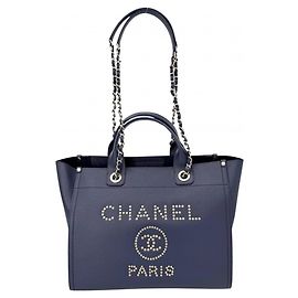 Bolsa Tote Chanel Deauville MM Azul Azul marinho