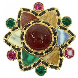 Chanel Vintage Gold and Multi-color Leather Brooch Multiple colors Golden