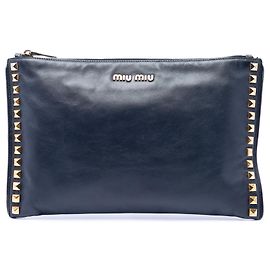 Miu Miu Blue Studded Leather Zip Clutch Blue Navy blue