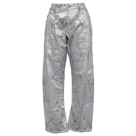 Versace Baroque-Print Barrel Jeans in Metallic Silver Cotton Silvery Metallic