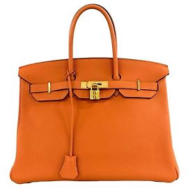 Hermès Hermes Birkin 35 Taurillon Clemence Leather Handbag Orange