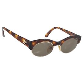 Óculos de sol CHANEL COCO Mark em plástico Marrom Ouro CC Auth 189997M Marrom Dourado