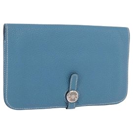 Hermès HERMES Dogon GM Wallet Togo leather Blue Silver Auth 190177M Silvery Blue