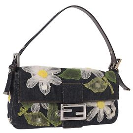 Borsa FENDI Mamma Baguette in denim con ricamo floreale blu navy e argento Auth 190100SAM Argento Blu navy