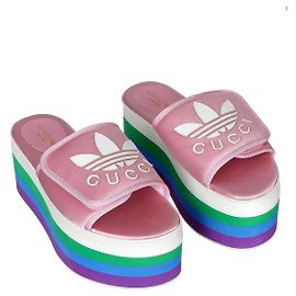Gucci x Adidas Platform Slides Pink Silk Rainbow Sole Pink White Blue Green Purple