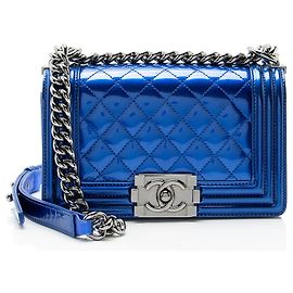 Chanel Metallic Patent Leather Small Boy Bag Blue