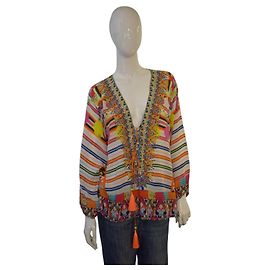 CAMILLA 100% Silk Embellished Crystal Tassel Kaftan Blouse Top Sz 2 Pink White Blue Multiple colors Green Orange Yellow