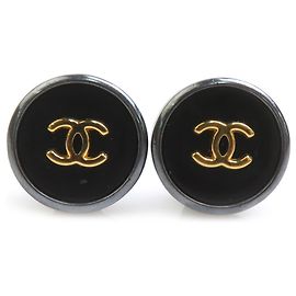 Chanel Coco Mark Clip Earrings Black Golden Metallic