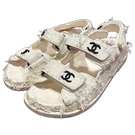 Chanel White Tweed CC Logo Sandals White