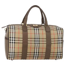 Bolsa Boston Burberrys Nova Check em lona Bege Dourado Auth 188634 Bege Dourado