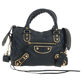 BALENCIAGA Bolsa Mini City Classic Metallic Edge de couro 2way Navy Auth 189129M Dourado Azul marinho