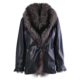 Manteau en cuir noir Yves Saint Laurent avec bordure en renard argenté Noir Autre
